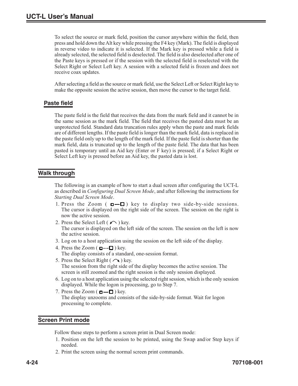 Walk through -24 screen print mode -24, Uct-l user’s manual | Visara UCT-L User Manual | Page 48 / 160