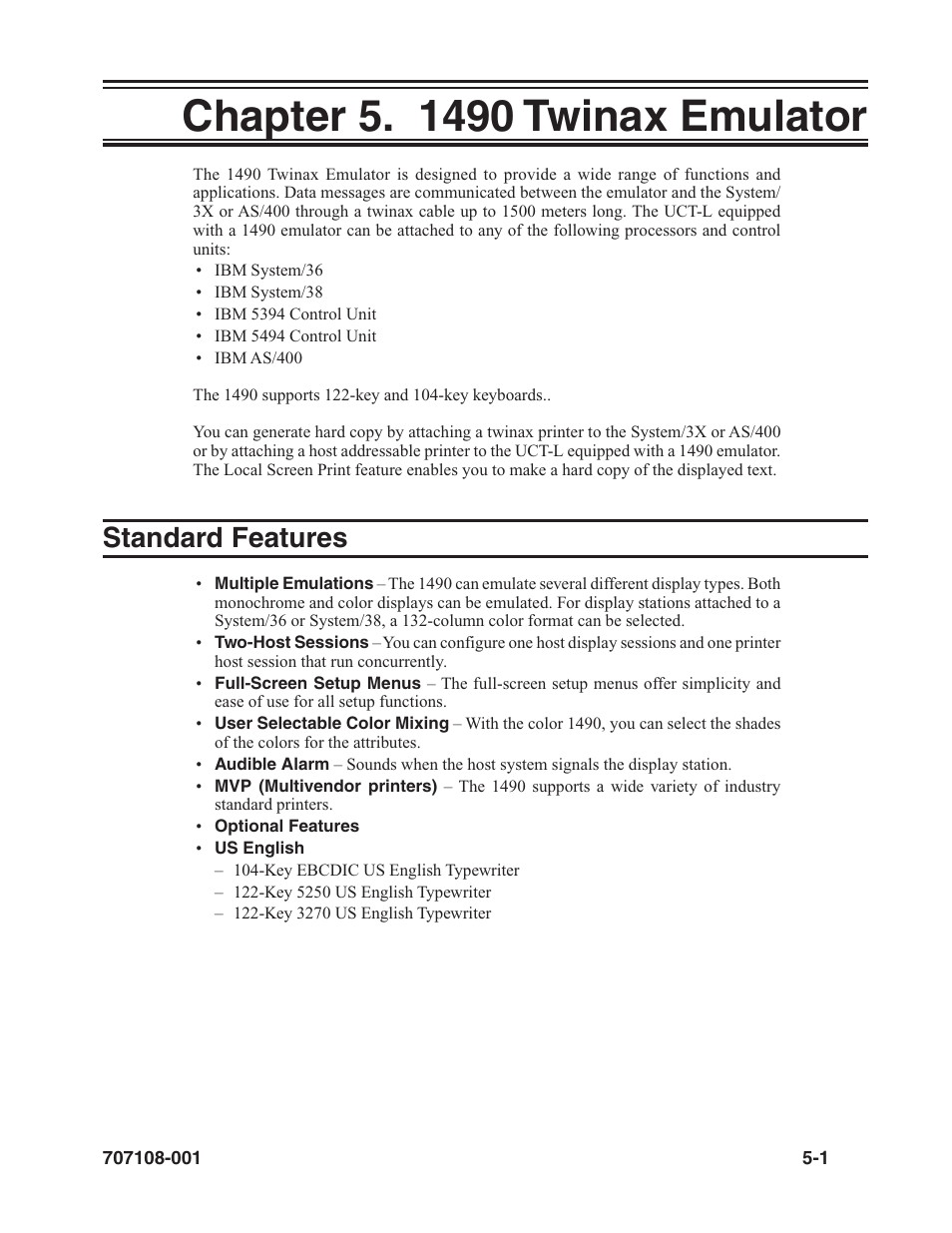 Chapter 5. 1490 twinax emulator -1, Standard features -1, Standard features | Visara UCT-L User Manual | Page 49 / 160