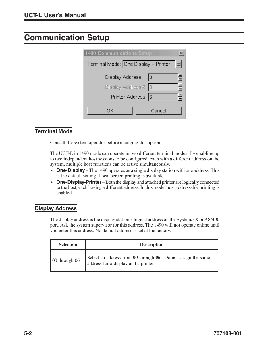 Communication setup -2, Terminal mode -2 display address -2, Communication setup | Uct-l user’s manual | Visara UCT-L User Manual | Page 50 / 160