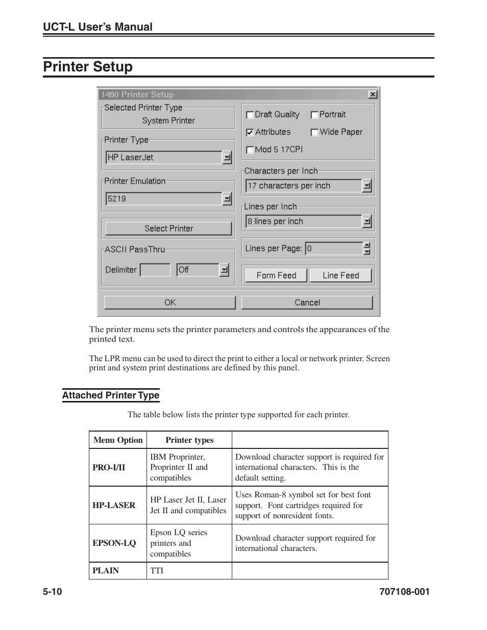 Printer setup -10, Attached printer type -10, Printer setup | Uct-l user’s manual | Visara UCT-L User Manual | Page 58 / 160