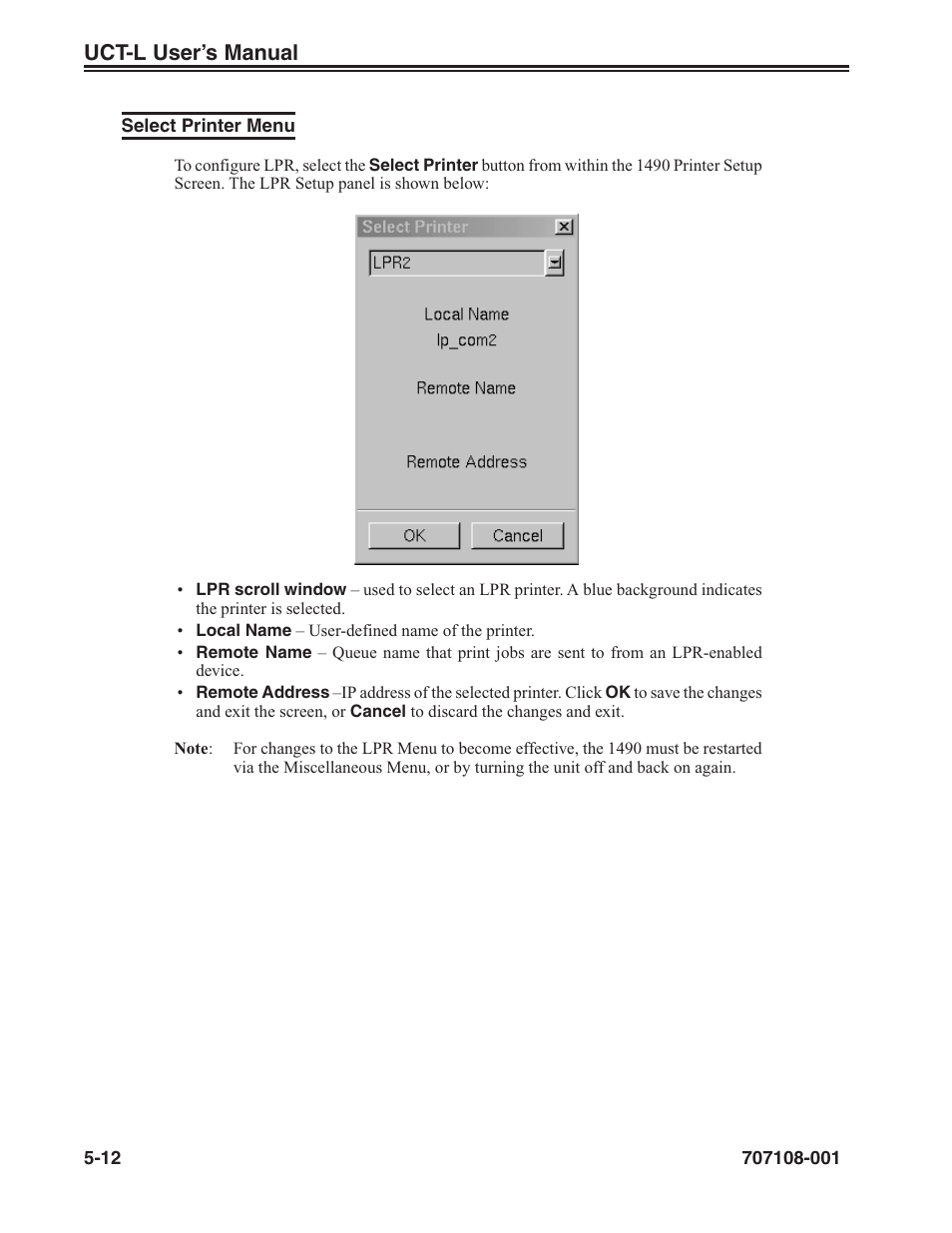 Select printer menu -12, Uct-l user’s manual | Visara UCT-L User Manual | Page 60 / 160