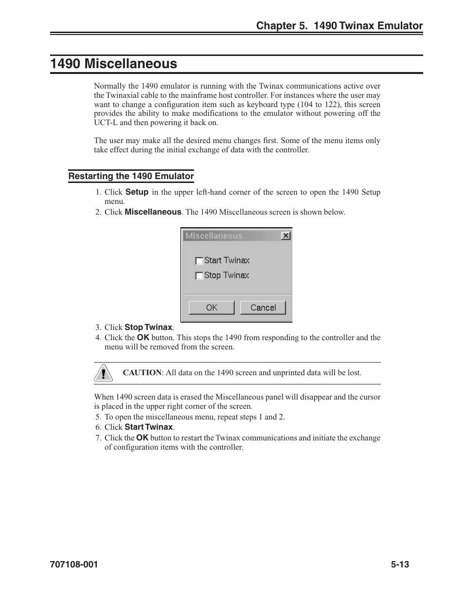 1490 miscellaneous -13, Restarting the 1490 emulator -13, 1490 miscellaneous | Visara UCT-L User Manual | Page 61 / 160