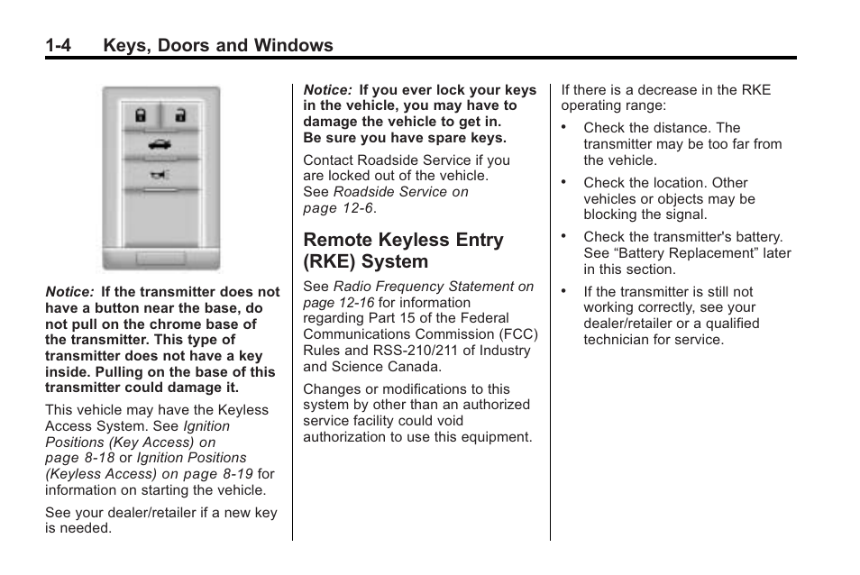 Remote keyless entry (rke) system, Remote keyless entry (rke), System -4 | 4 keys, doors and windows | Cadillac 2010 Cadillac CTS/CTS-V User Manual | Page 10 / 464
