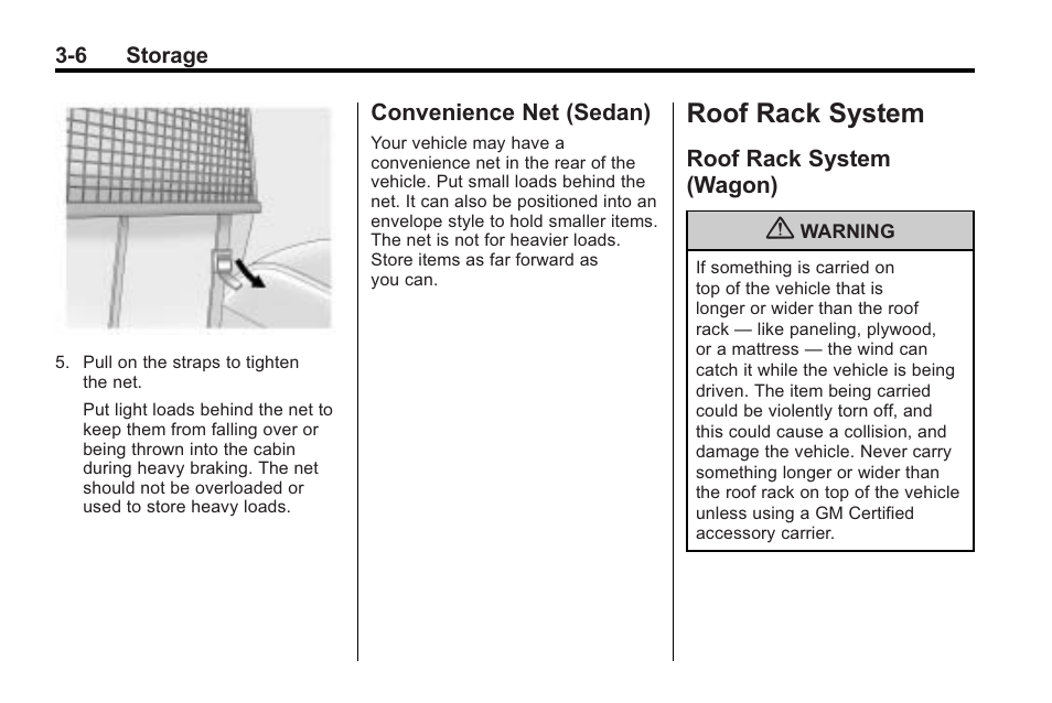 Convenience net (sedan), Roof rack system, Roof rack system (wagon) | Roof rack system -6, Phone, Convenience net (sedan) -6, Roof rack system (wagon) -6 | Cadillac 2010 Cadillac CTS/CTS-V User Manual | Page 106 / 464