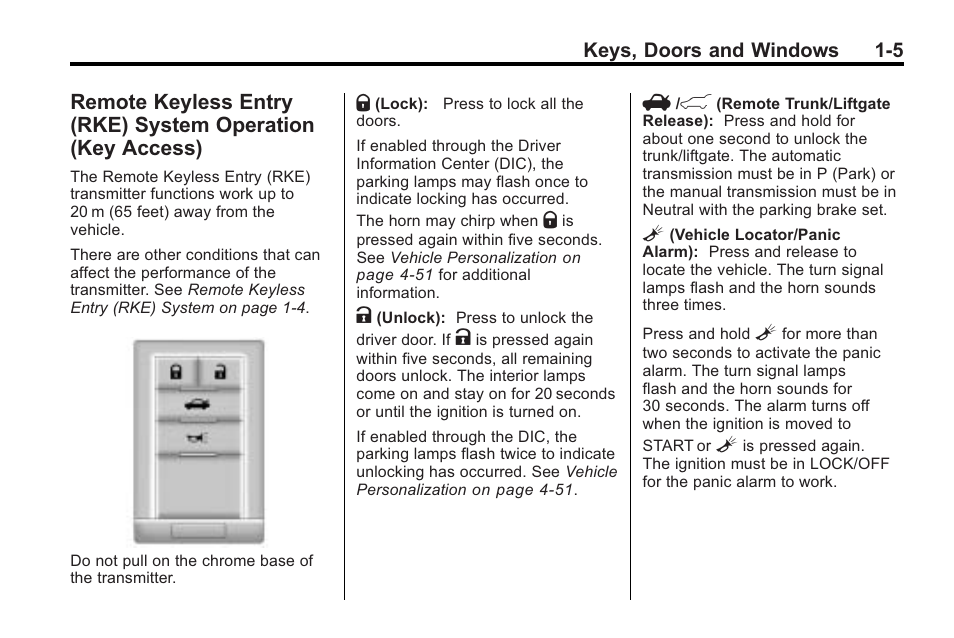 Remote keyless entry (rke), System operation (key access) -5 | Cadillac 2010 Cadillac CTS/CTS-V User Manual | Page 11 / 464