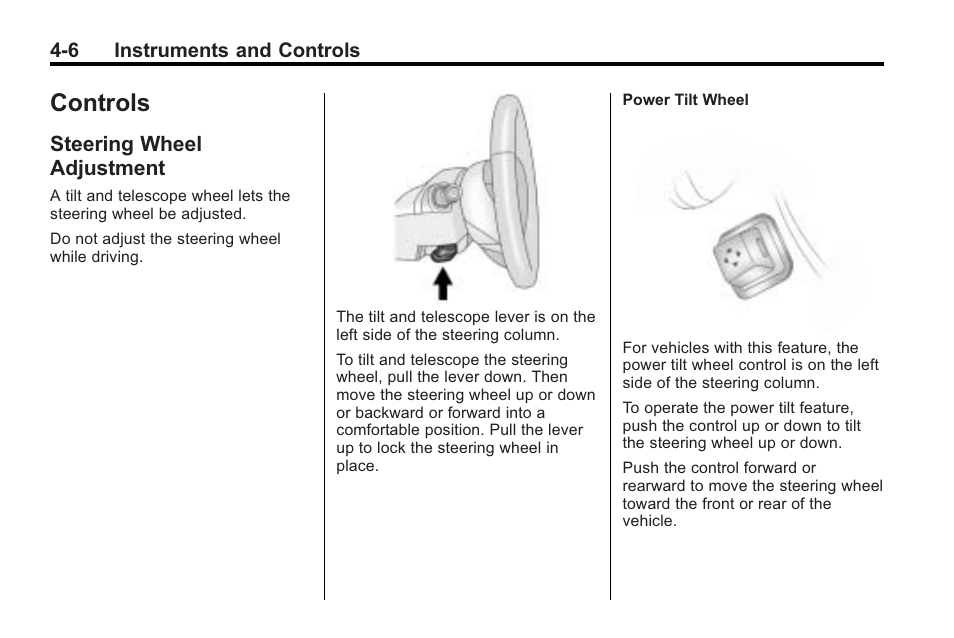 Controls, Steering wheel adjustment, Air vents | Steering wheel adjustment -6, Steering wheel adjustment on | Cadillac 2010 Cadillac CTS/CTS-V User Manual | Page 116 / 464