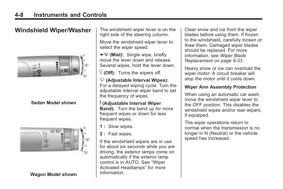 Windshield wiper/washer, Windshield wiper/washer -8, Engine | Windshield wiper/washer on, 8 instruments and controls | Cadillac 2010 Cadillac CTS/CTS-V User Manual | Page 118 / 464