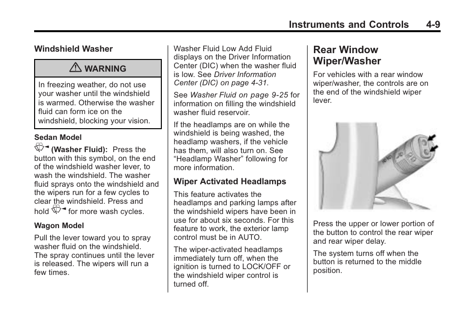 Rear window wiper/washer, Rear window wiper, Washer -9 | Cadillac 2010 Cadillac CTS/CTS-V User Manual | Page 119 / 464