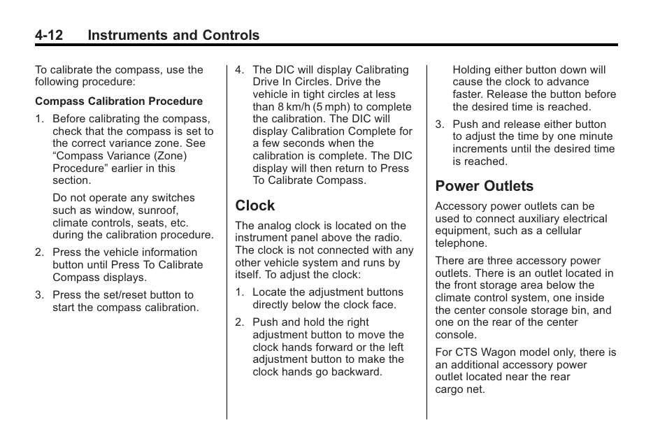 Clock, Power outlets, Clock -12 power outlets -12 | 12 instruments and controls | Cadillac 2010 Cadillac CTS/CTS-V User Manual | Page 122 / 464