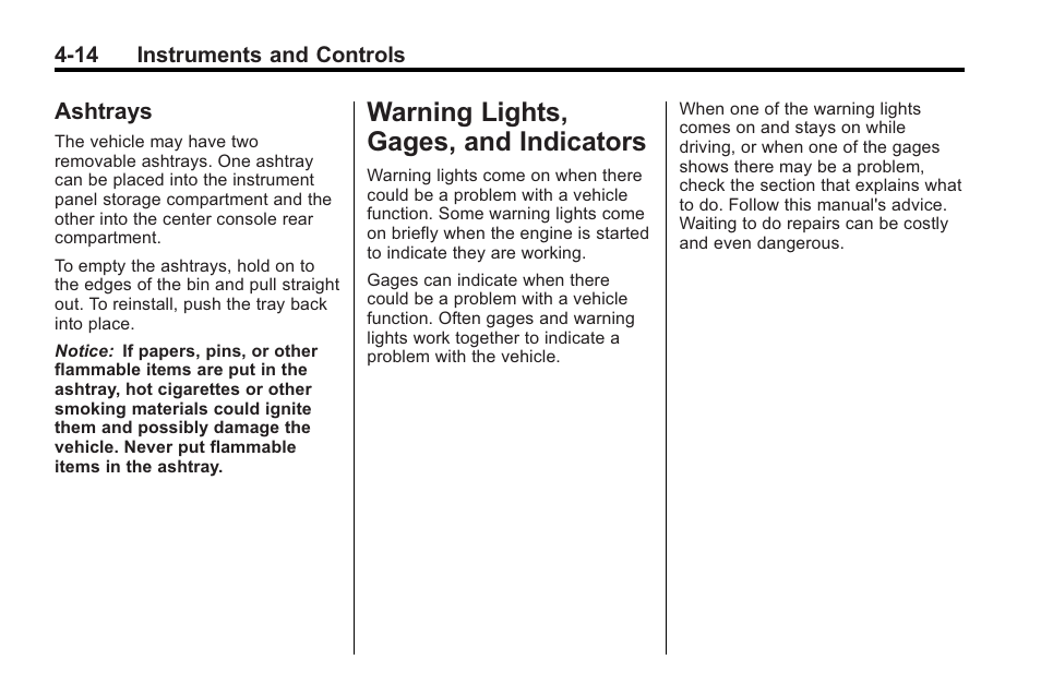 Ashtrays, Warning lights, gages, and indicators, Gages, and | Ashtrays -14, Warning lights, gages, and, Indicators -14 | Cadillac 2010 Cadillac CTS/CTS-V User Manual | Page 124 / 464