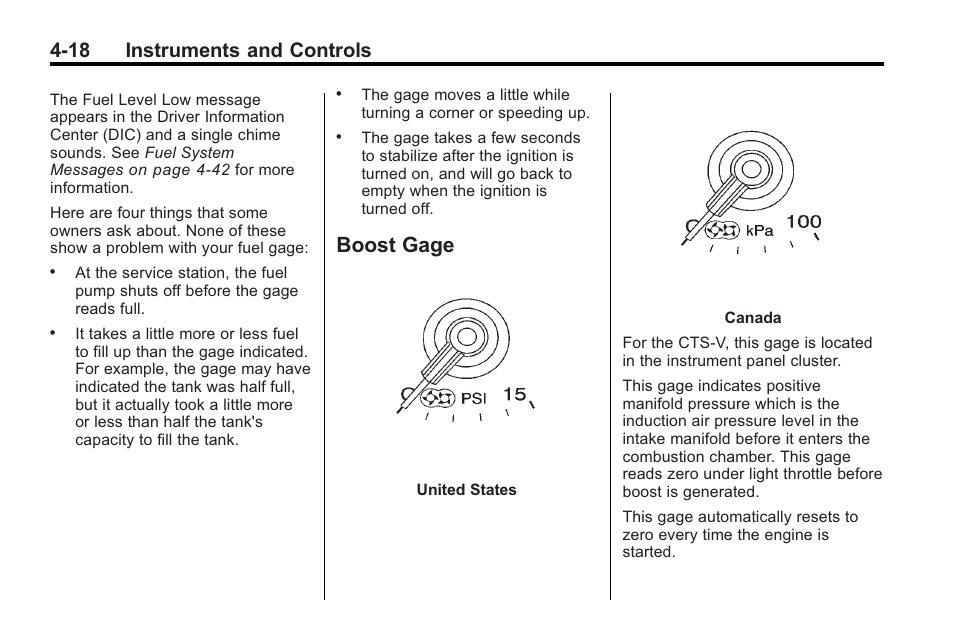 Boost gage, Boost gage -18, 18 instruments and controls | Cadillac 2010 Cadillac CTS/CTS-V User Manual | Page 128 / 464