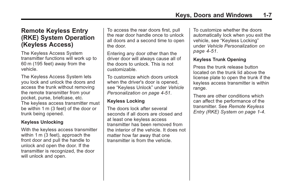 Remote keyless entry (rke), System operation (keyless access) -7, Power | Keys, doors and windows 1-7 | Cadillac 2010 Cadillac CTS/CTS-V User Manual | Page 13 / 464