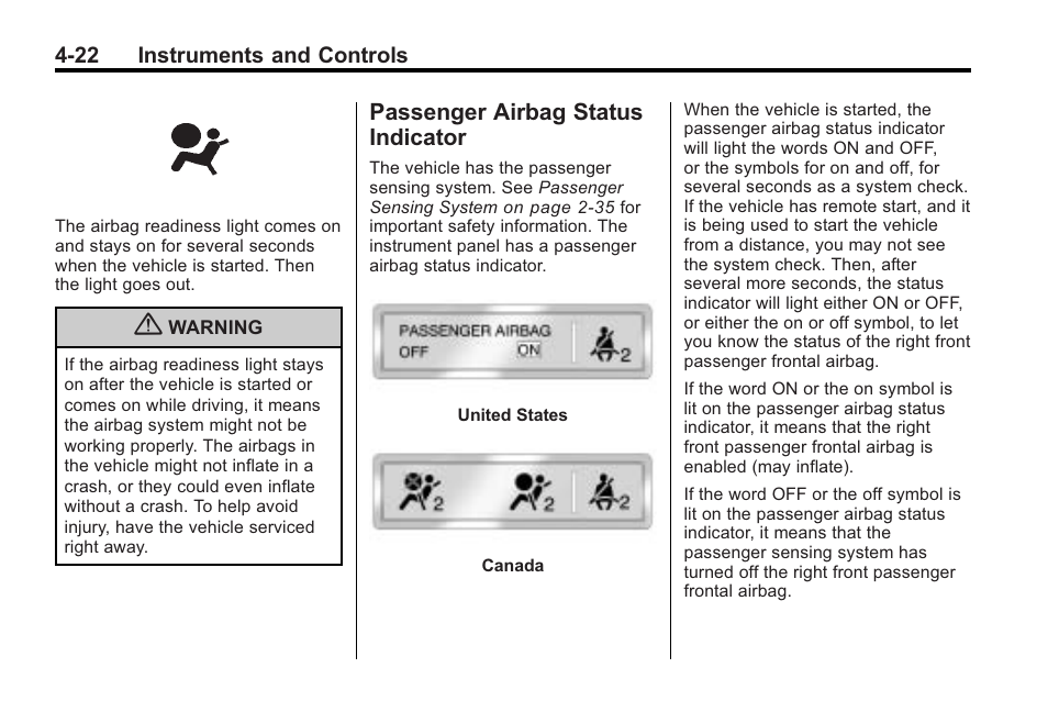 Passenger airbag status indicator, Passenger airbag status, Indicator -22 | Cadillac 2010 Cadillac CTS/CTS-V User Manual | Page 132 / 464