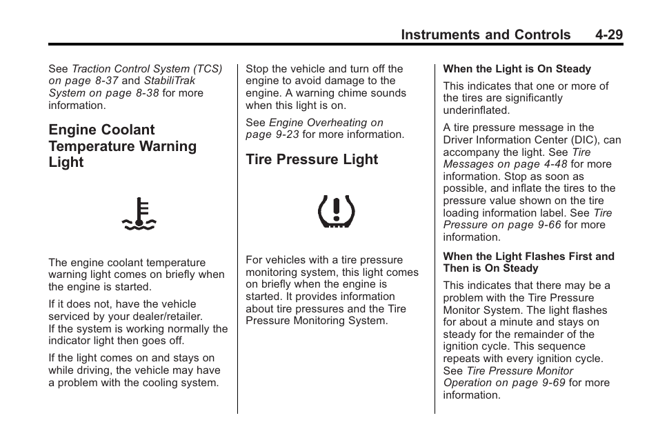 Engine coolant temperature warning light, Tire pressure light, Engine coolant temperature | Warning light -29, Tire pressure light -29, Instruments and controls 4-29 | Cadillac 2010 Cadillac CTS/CTS-V User Manual | Page 139 / 464