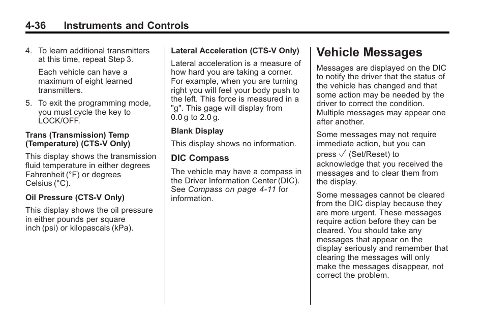 Vehicle messages, Vehicle messages -36, 36 instruments and controls | Cadillac 2010 Cadillac CTS/CTS-V User Manual | Page 146 / 464