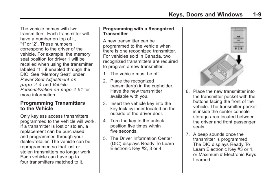 Keys, doors and windows 1-9 | Cadillac 2010 Cadillac CTS/CTS-V User Manual | Page 15 / 464