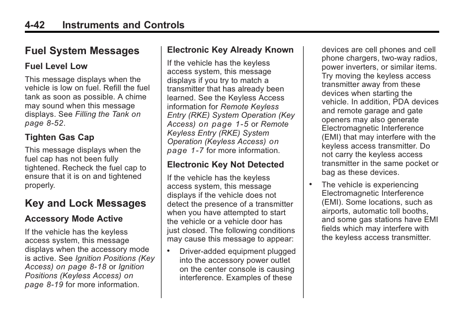 Fuel system messages, Key and lock messages, Fuel system messages -42 | Key and lock messages -42, Vehicle personalization, 42 instruments and controls | Cadillac 2010 Cadillac CTS/CTS-V User Manual | Page 152 / 464