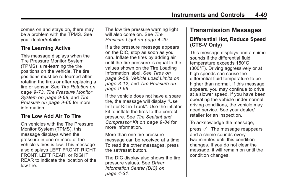 Transmission messages, Transmission messages -49, Instruments and controls 4-49 | Cadillac 2010 Cadillac CTS/CTS-V User Manual | Page 159 / 464