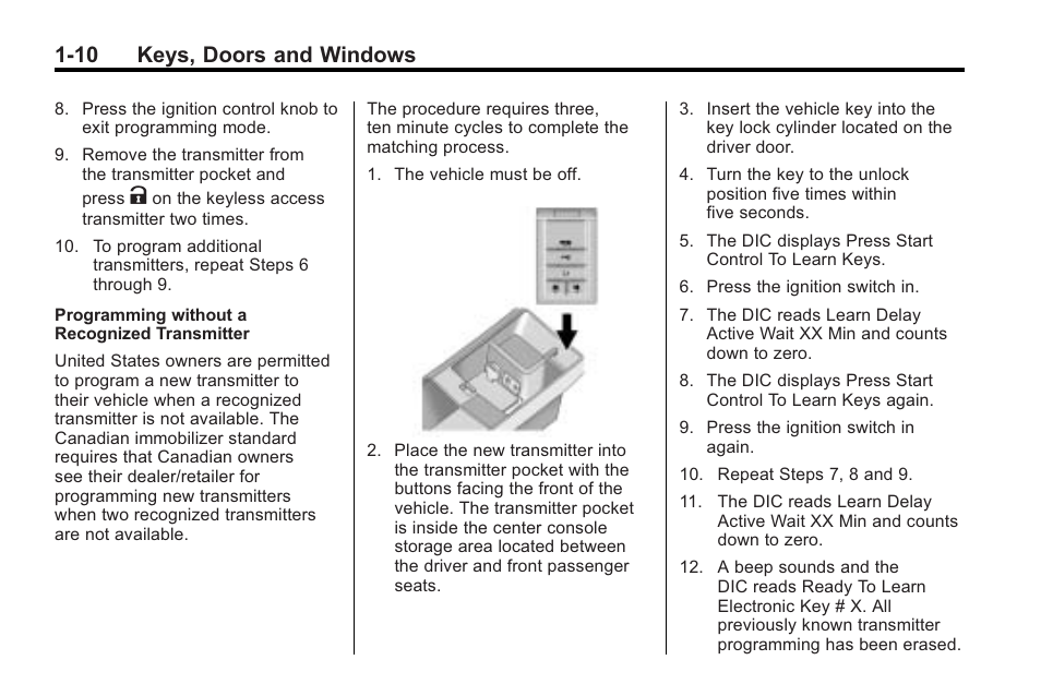 10 keys, doors and windows | Cadillac 2010 Cadillac CTS/CTS-V User Manual | Page 16 / 464