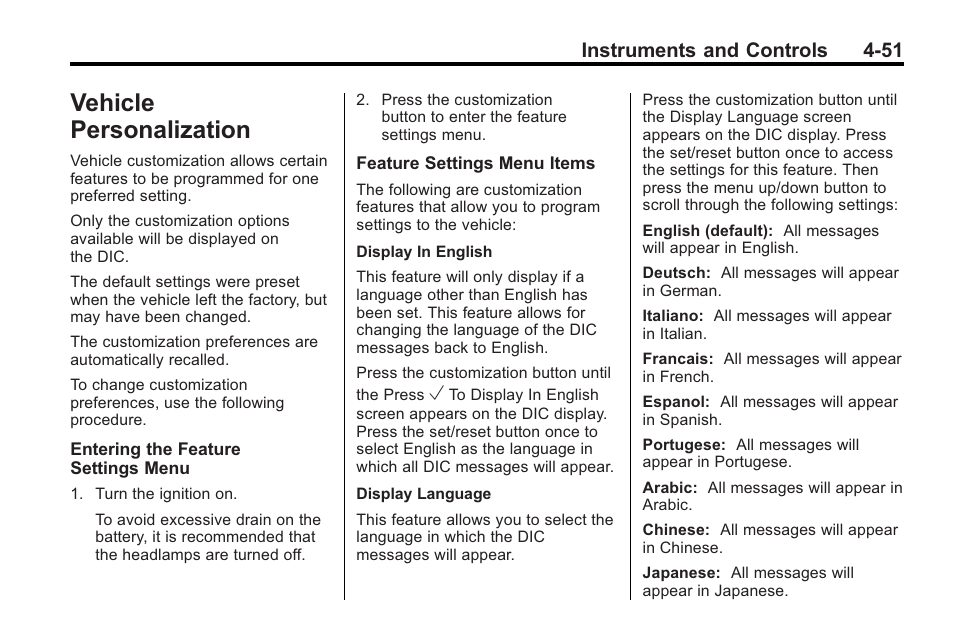Vehicle personalization, Personalization -51, Starting | Instruments and controls 4-51 | Cadillac 2010 Cadillac CTS/CTS-V User Manual | Page 161 / 464