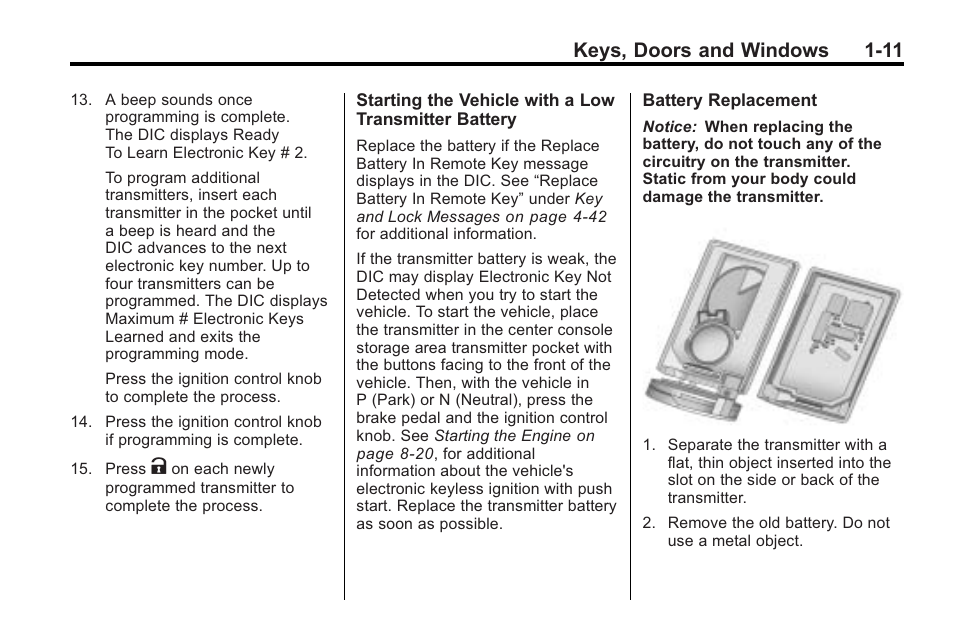 Keys, doors and windows 1-11 | Cadillac 2010 Cadillac CTS/CTS-V User Manual | Page 17 / 464