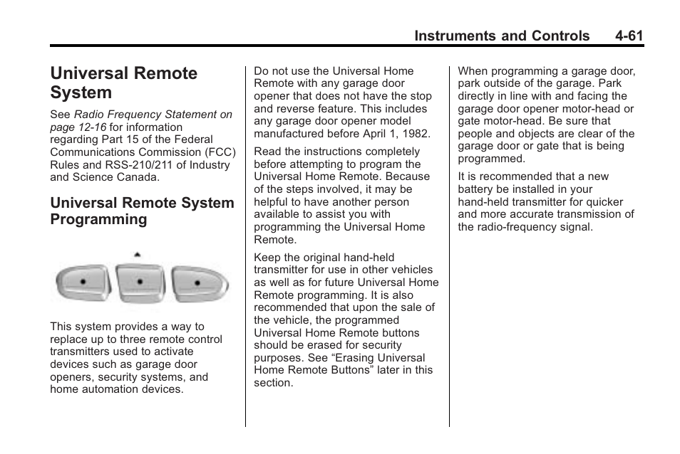 Universal remote system, Universal remote system programming, Universal remote system -61 | Cadillac 2010 Cadillac CTS/CTS-V User Manual | Page 171 / 464