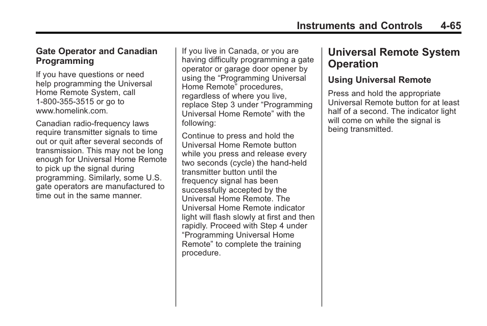 Universal remote system operation, Universal remote system | Cadillac 2010 Cadillac CTS/CTS-V User Manual | Page 175 / 464