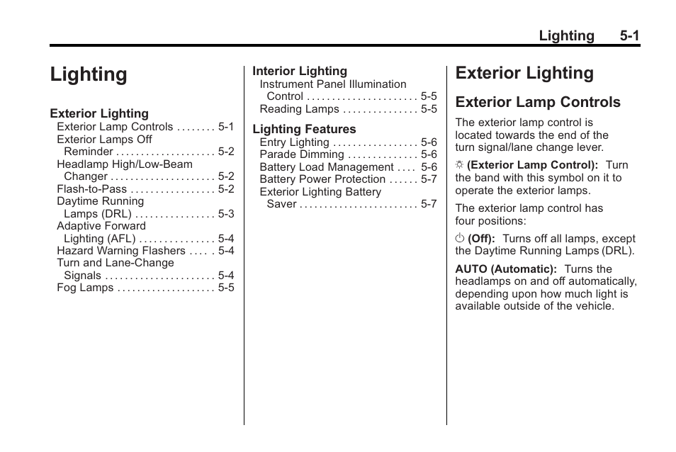 Lighting, Exterior lighting, Exterior lamp controls | Exterior lighting -1, Brakes, Lighting 5-1 | Cadillac 2010 Cadillac CTS/CTS-V User Manual | Page 177 / 464
