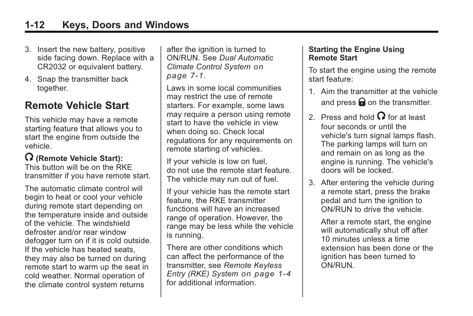 Remote vehicle start, Remote vehicle start -12, 12 keys, doors and windows | Cadillac 2010 Cadillac CTS/CTS-V User Manual | Page 18 / 464
