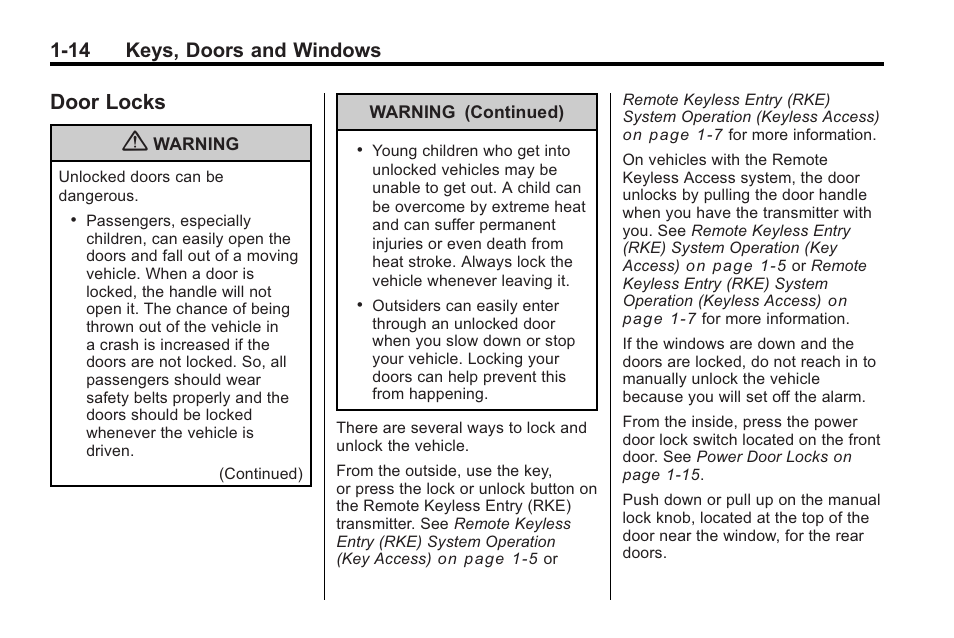 Door locks, Door locks -14, 14 keys, doors and windows | Cadillac 2010 Cadillac CTS/CTS-V User Manual | Page 20 / 464