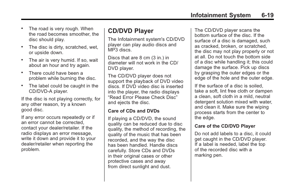Cd/dvd player, Cd/dvd player -19, To minimize | Infotainment system 6-19 | Cadillac 2010 Cadillac CTS/CTS-V User Manual | Page 203 / 464