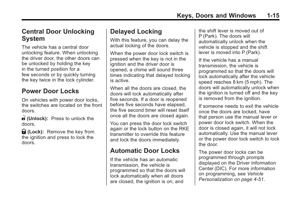 Central door unlocking system, Power door locks, Delayed locking | Automatic door locks, Central door unlocking, System -15 | Cadillac 2010 Cadillac CTS/CTS-V User Manual | Page 21 / 464
