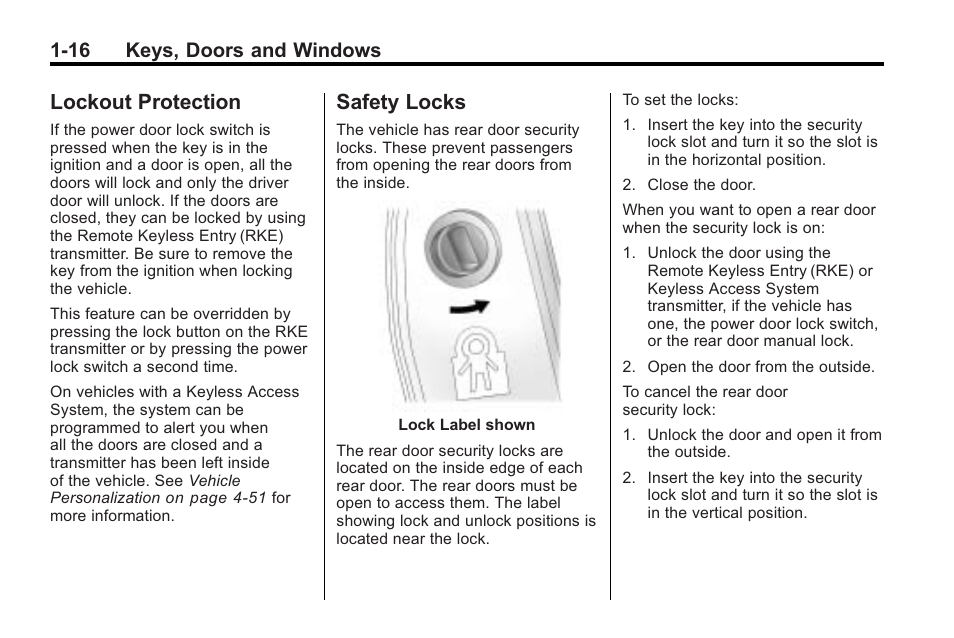 Lockout protection, Safety locks, Lockout protection -16 safety locks -16 | 16 keys, doors and windows | Cadillac 2010 Cadillac CTS/CTS-V User Manual | Page 22 / 464
