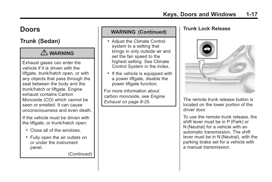 Doors, Trunk (sedan), Doors -17 | Controls, Trunk (sedan) -17, Windows, Keys, doors and windows 1-17 | Cadillac 2010 Cadillac CTS/CTS-V User Manual | Page 23 / 464