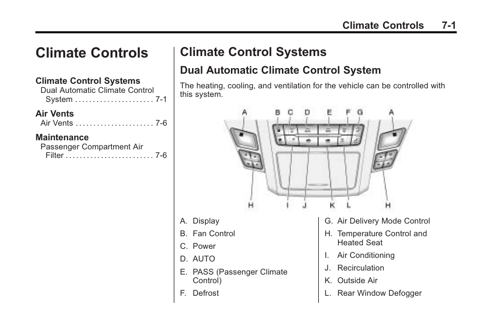 Climate controls, Climate control systems, Dual automatic climate control system | Climate controls -1, Climate control systems -1, Dual automatic climate control, Climate controls 7-1 | Cadillac 2010 Cadillac CTS/CTS-V User Manual | Page 233 / 464