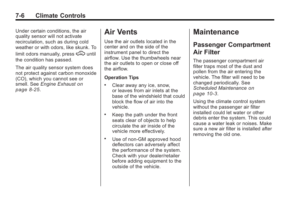 Air vents, Maintenance, Passenger compartment air filter | 6 maintenance -6, Air vents -6, Passenger compartment air, Filter -6, 6 climate controls | Cadillac 2010 Cadillac CTS/CTS-V User Manual | Page 238 / 464