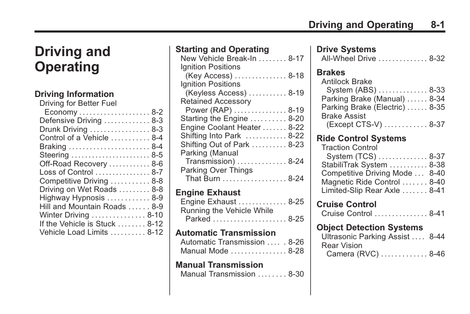 Driving and operating, Operating -1, Driving and operating 8-1 | Cadillac 2010 Cadillac CTS/CTS-V User Manual | Page 241 / 464