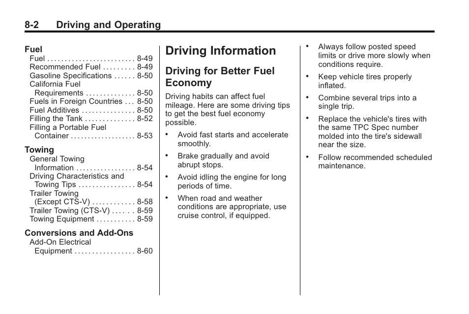 Driving information, Driving for better fuel economy, Driving information -2 | Driving for better fuel, Economy -2, 2 driving and operating | Cadillac 2010 Cadillac CTS/CTS-V User Manual | Page 242 / 464