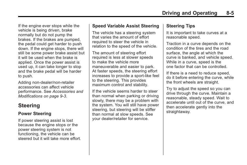 Steering, Steering -5, Parking | Driving and operating 8-5 | Cadillac 2010 Cadillac CTS/CTS-V User Manual | Page 245 / 464
