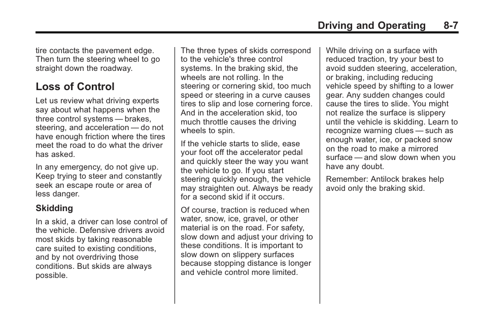 Loss of control, Loss of control -7, Driving and operating 8-7 | Cadillac 2010 Cadillac CTS/CTS-V User Manual | Page 247 / 464