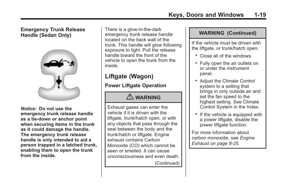 Liftgate (wagon), Liftgate (wagon) -19, Power | Keys, doors and windows 1-19 | Cadillac 2010 Cadillac CTS/CTS-V User Manual | Page 25 / 464