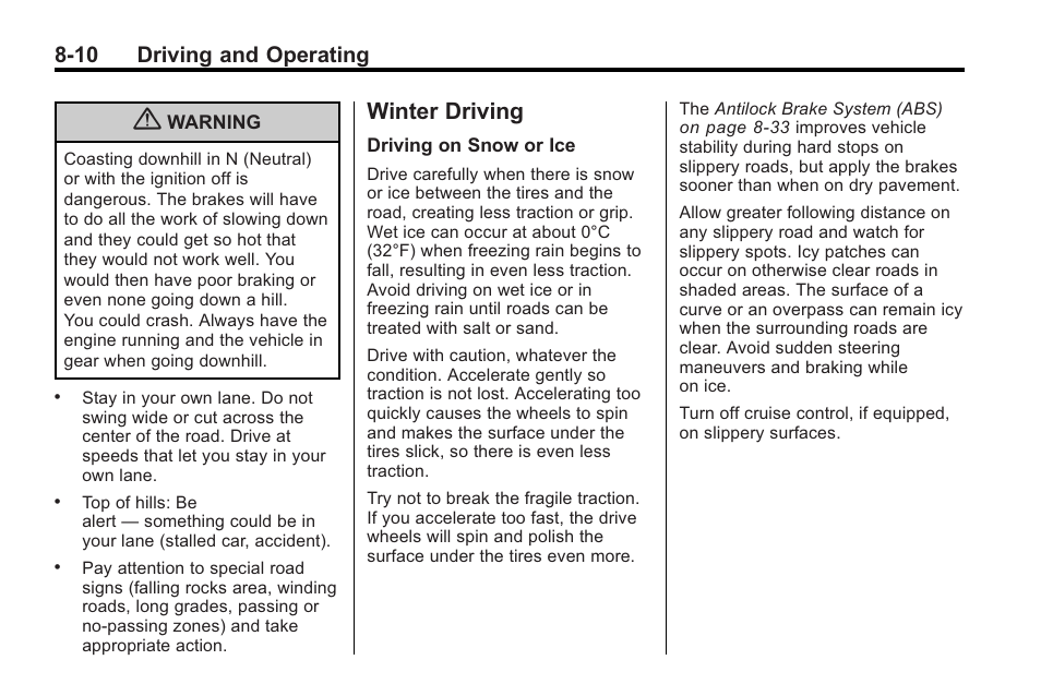 Winter driving, Winter driving -10, 10 driving and operating | Cadillac 2010 Cadillac CTS/CTS-V User Manual | Page 250 / 464