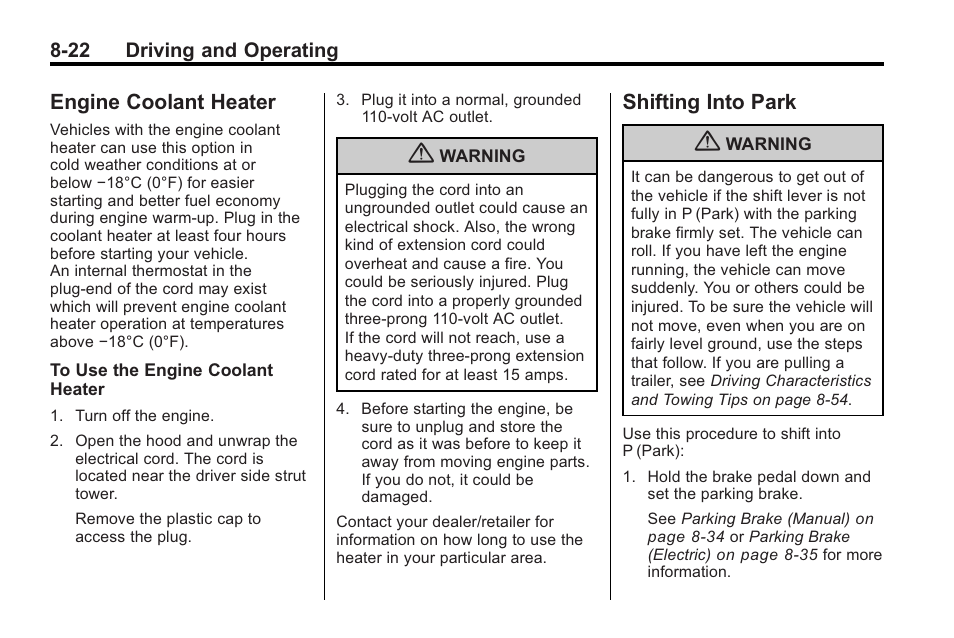 Engine coolant heater, Shifting into park, Engine coolant heater -22 shifting into park -22 | Ride | Cadillac 2010 Cadillac CTS/CTS-V User Manual | Page 262 / 464