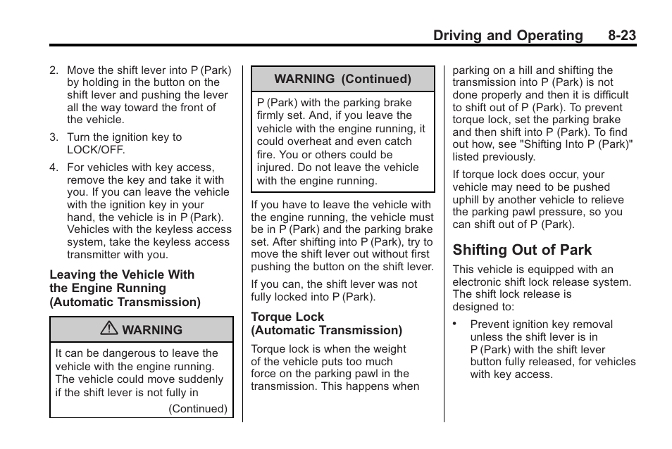Shifting out of park, Shifting out of park -23, Driving and operating 8-23 | Cadillac 2010 Cadillac CTS/CTS-V User Manual | Page 263 / 464
