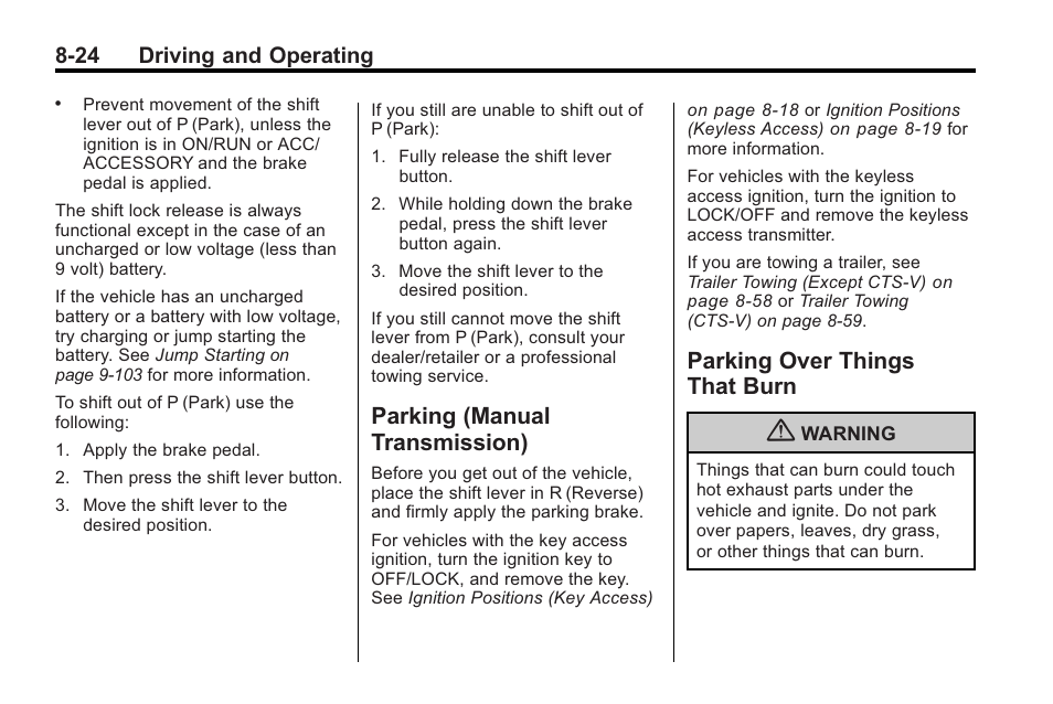 Parking (manual transmission), Parking over things that burn, Manual | Transmission) -24, Parking over things, That burn -24, 24 driving and operating | Cadillac 2010 Cadillac CTS/CTS-V User Manual | Page 264 / 464