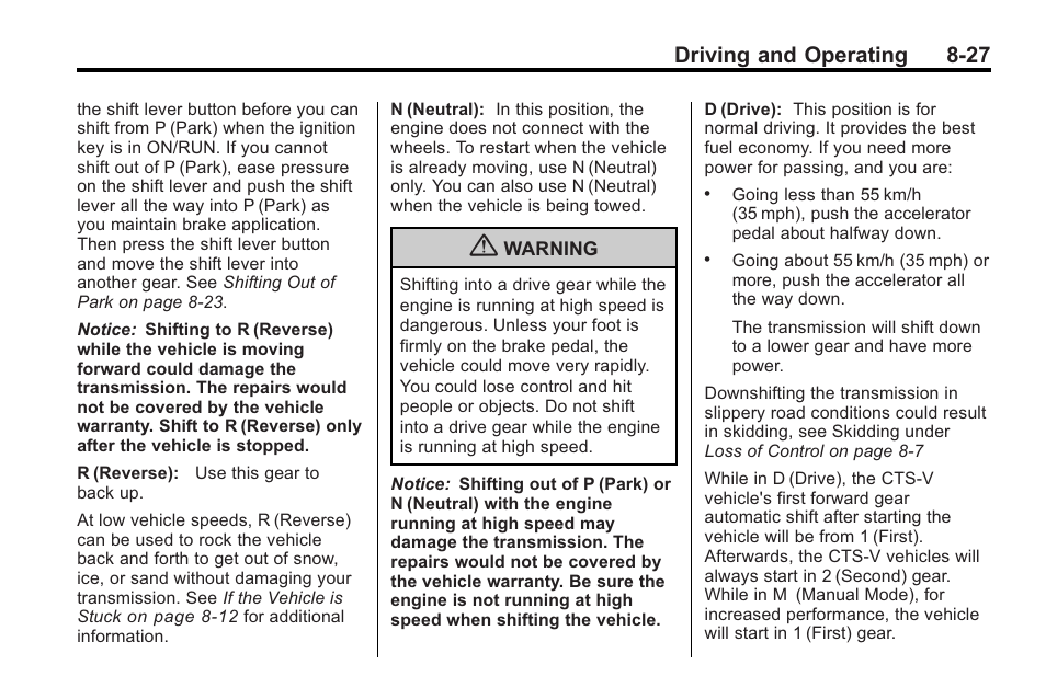 Driving and operating 8-27 | Cadillac 2010 Cadillac CTS/CTS-V User Manual | Page 267 / 464