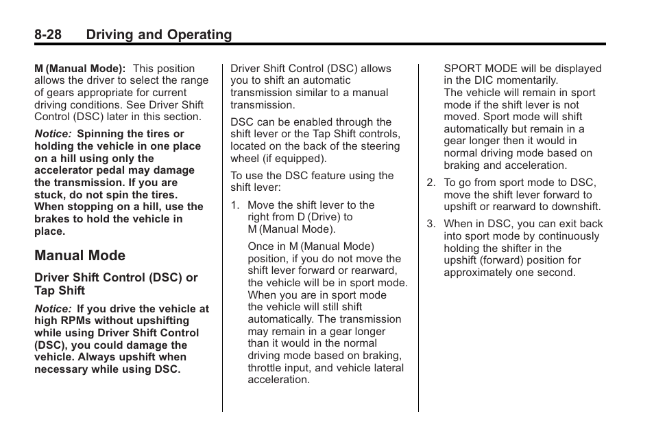 Manual mode, Manual mode -28, 28 driving and operating | Cadillac 2010 Cadillac CTS/CTS-V User Manual | Page 268 / 464