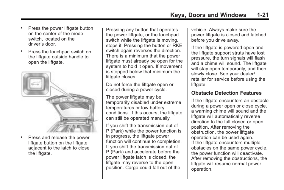 Keys, doors and windows 1-21 | Cadillac 2010 Cadillac CTS/CTS-V User Manual | Page 27 / 464