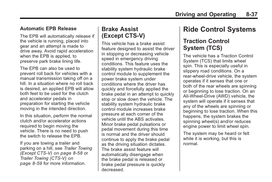 Brake assist (except cts-v), Ride control systems, Traction control system (tcs) | Control systems -37, Brake assist, Except cts-v) -37, Traction control, System (tcs) -37 | Cadillac 2010 Cadillac CTS/CTS-V User Manual | Page 277 / 464