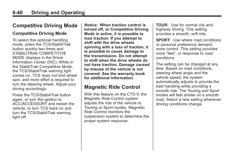 Competitive driving mode, Magnetic ride control | Cadillac 2010 Cadillac CTS/CTS-V User Manual | Page 280 / 464
